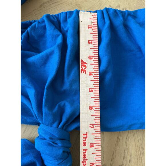 FARM RIO Linen Dress Med Blue Cut Out Off Shoulder Boho Artsy Coastal Nautical - Picture 12 of 16